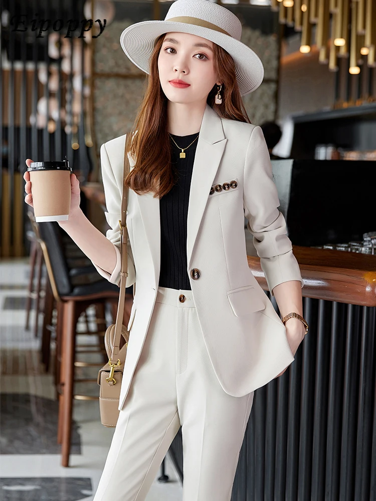 Coffee Pink Beige Black Formal Pant Suit Ladies Women Business Work Wear 2 Piece Set Female Blazer Jacket And Trouser