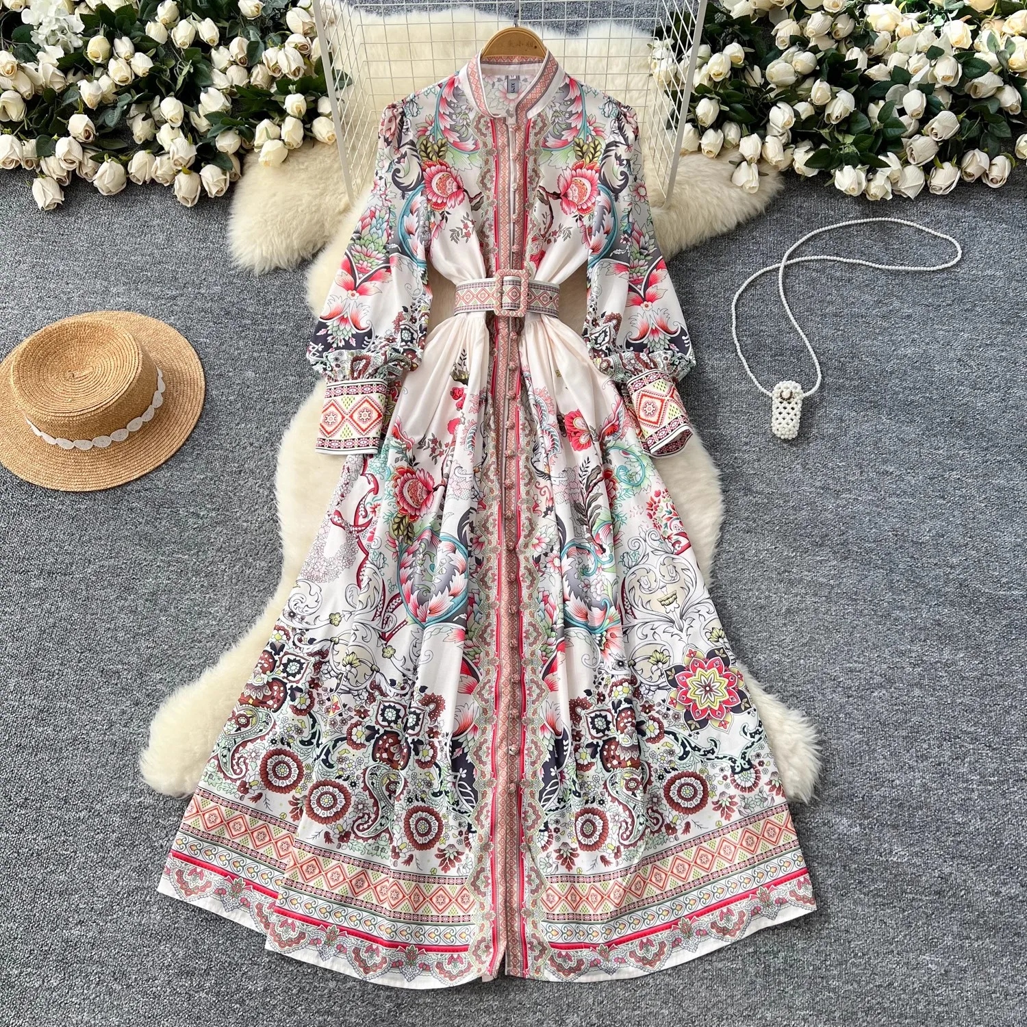 Abito lungo bohémien con stampa floreale vintage Paisley Abito lungo da donna con scollo a V Manica lunga a lanterna Cintura monopetto Slim Boho Vestidos