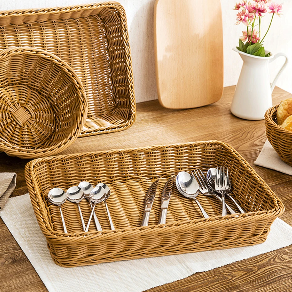 Basedidea Rectangle Bread Basket Rattan Storage Basket Food Fruit Vegetable Serving Basket Supermarket Restaurant Display Tray