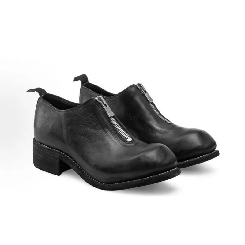 Men Vintage Distressed Genuine Leather Front Zipper Loafers Low‑top High Heel Black Retro Gothic Style Casual Dress Shoes