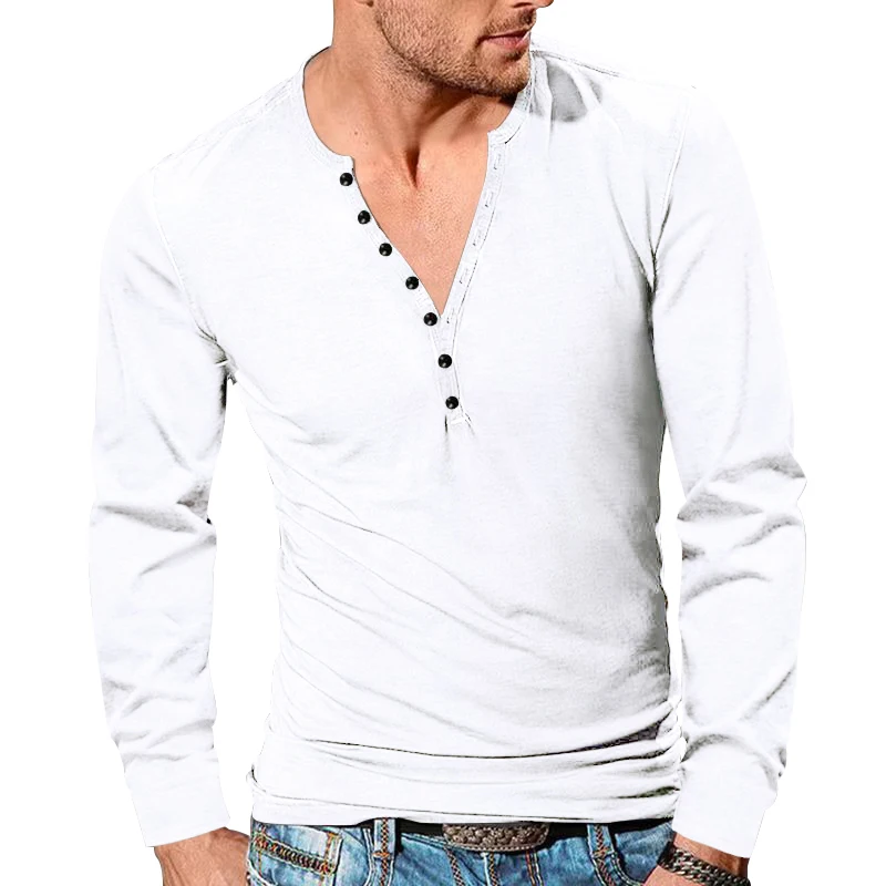 New Men's Four Season Henley shirt Vintage Long Sleeve T-shirt Cross border Men's Button V-Neck Slim Solid T-shirt Top