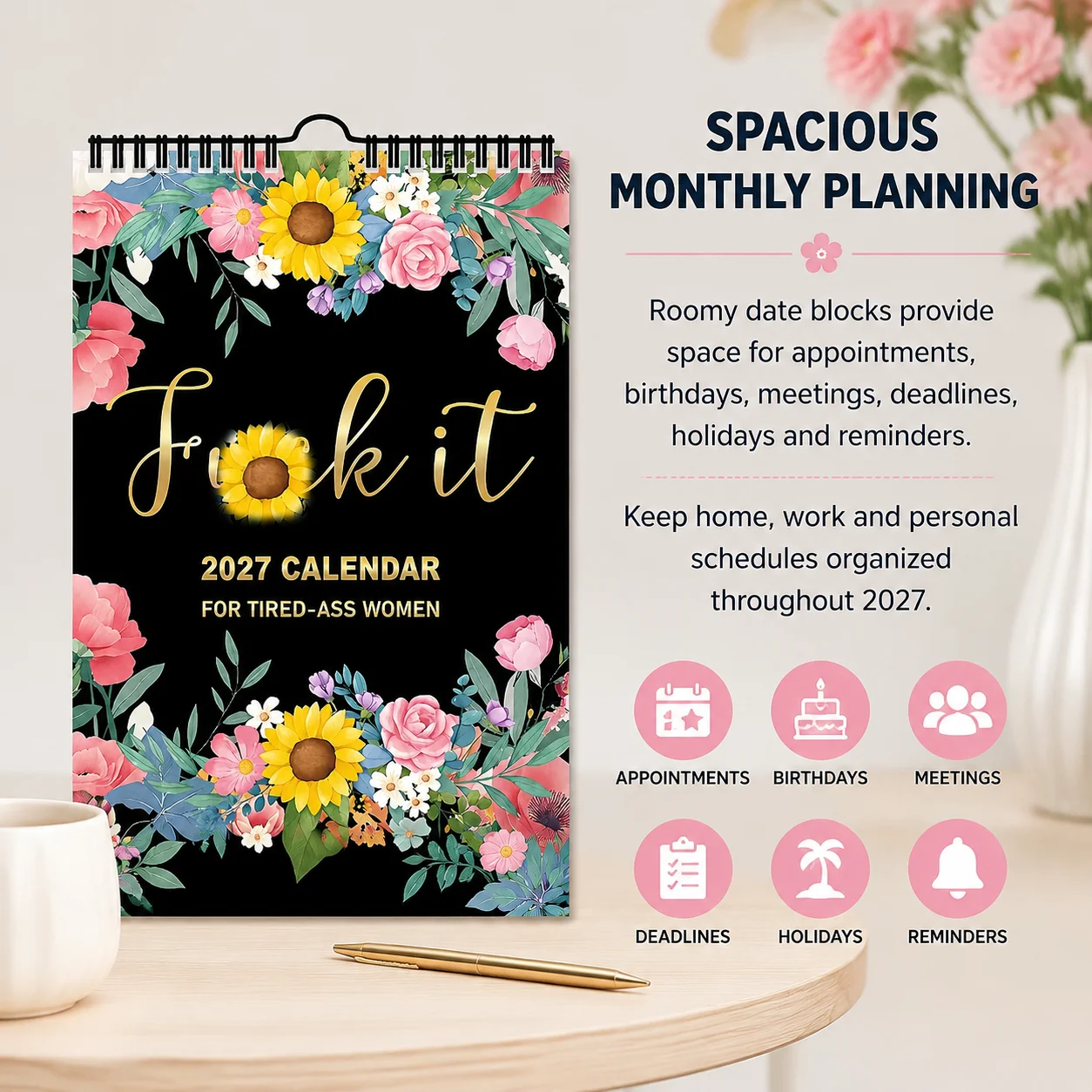 2027 Wall Calendar for Women Word Monthly Planner Gag Gift 12 Month Monthly Planner Layout Spacious Writing Grids for Home