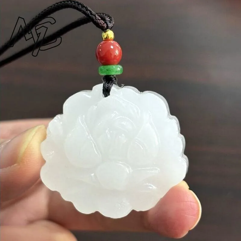 Natural White jade Hand Engraving Peony Flower Exorcise Evil Spirits Pendant Lucky Amulet Fashion Hand-Carved Man Woman Luck