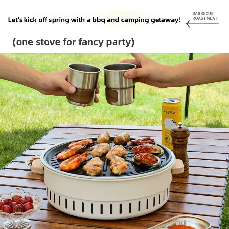 Outdoor camping barbecue grill, small multifunctional smokeless grill and heating stove for home use