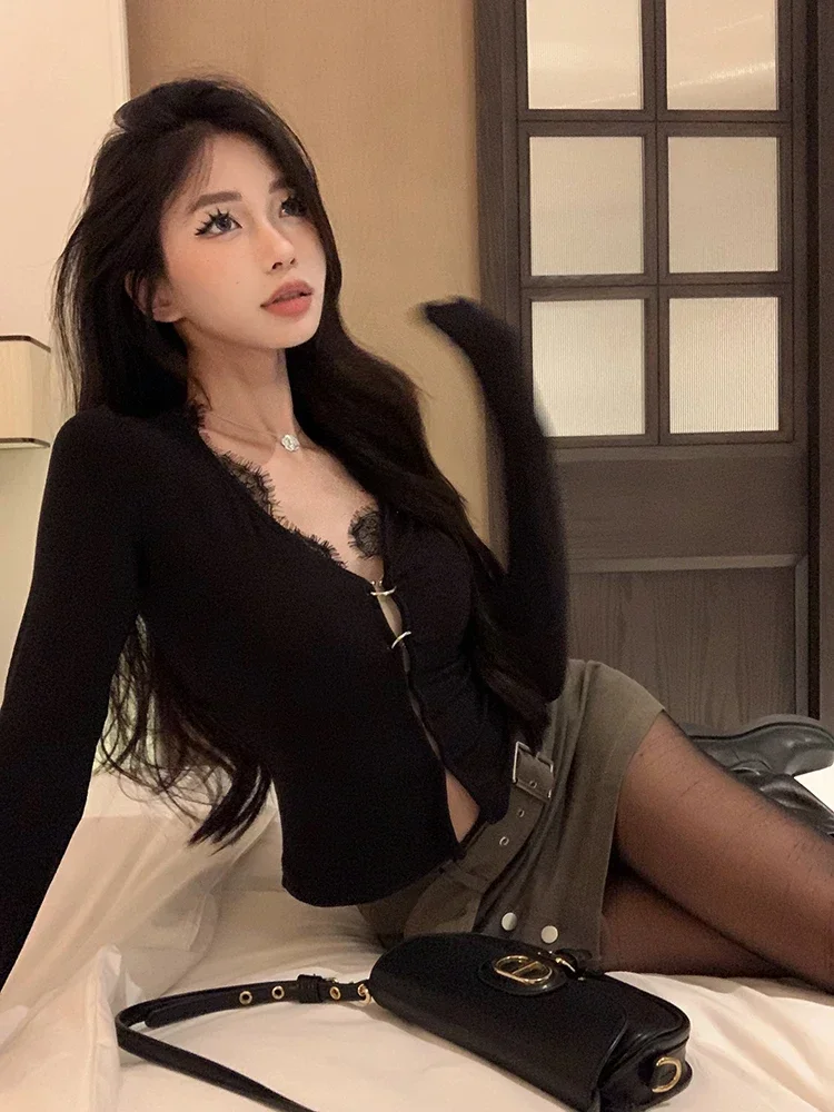 

Temperament Pull Femme Fashion Sexy Cropped Cardigan Coat V-neck Tunic Long Sleeve Knitted Sweater Y2k Tops Women Sueter Mujer