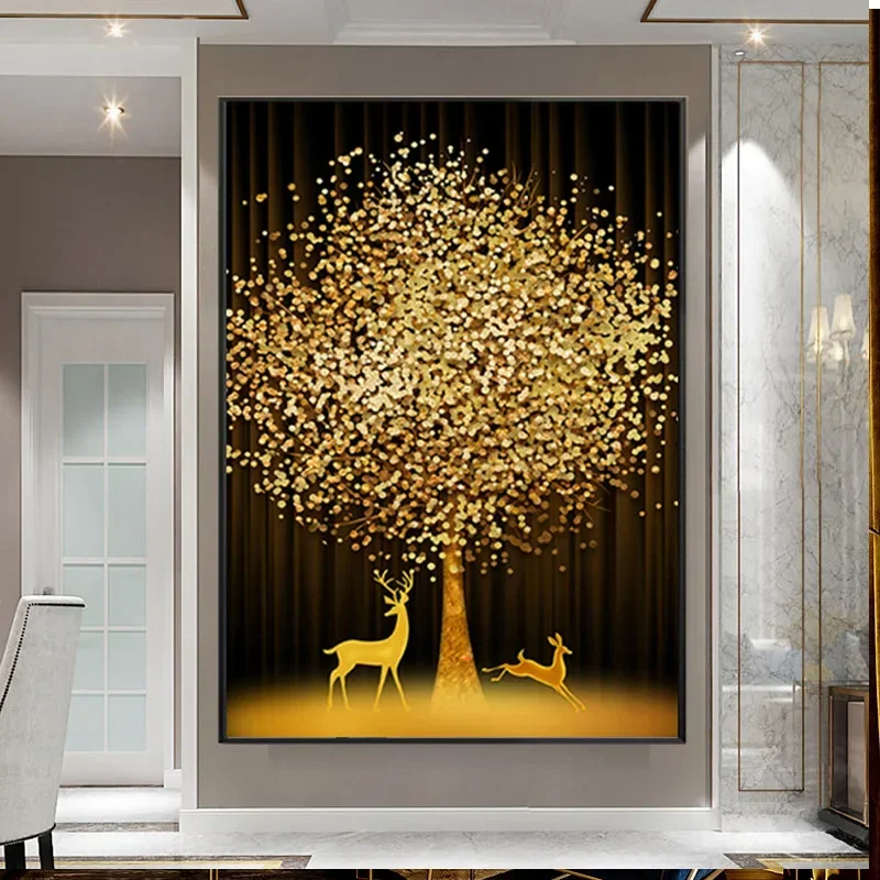 Golden Elk Fortune Tree 5D Diamond Painting Full Diamond Embroidery Living Room Office Home Decor Diamond Cross Stitch Kits