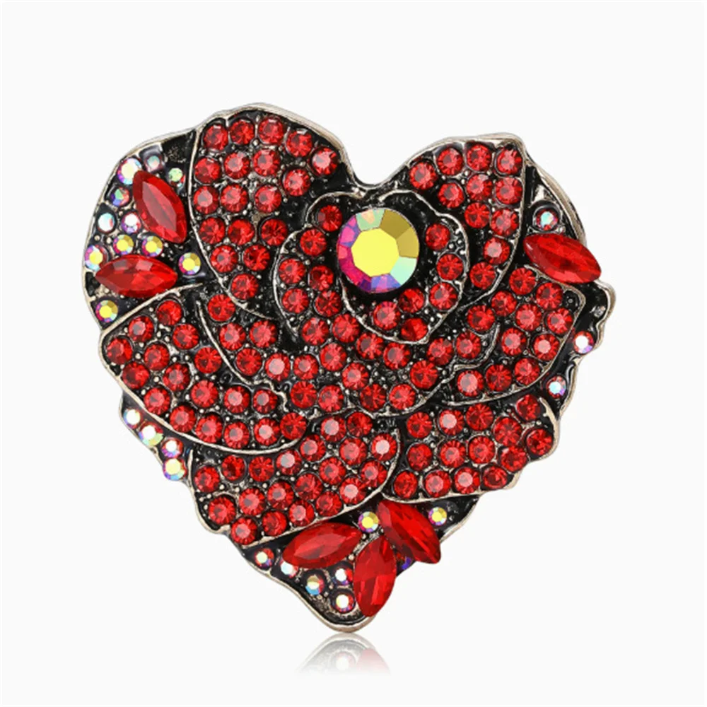 Vintage Red Color Heart Shape Brooches For Women Girls Rhinestone Rose Flower Love Lapel Pins Beautiful Party Jewelry Gifts