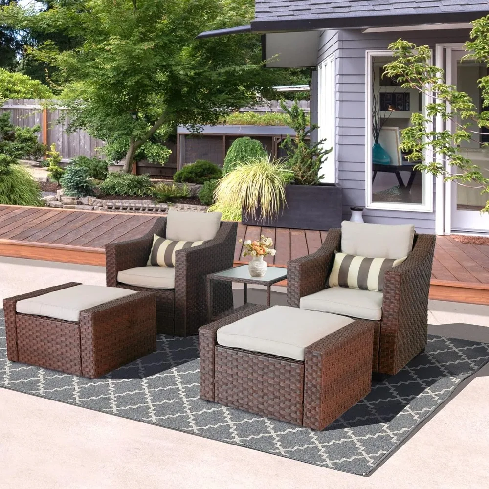 

5 Pieces Wicker Patio Conversation Set All Weather Outdoor Wicker Lounge Chair and Ottoman Conversation Set with Coffee Table &