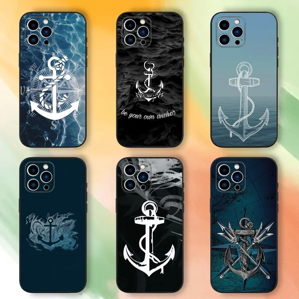 Anchor Boat Ship Wheel Phone Case For iPhone 16,15,14,13,12,11 Plus,Pro Max,XS,X,XR,SE,Mini,8,7，Soft Silicone Black Cover