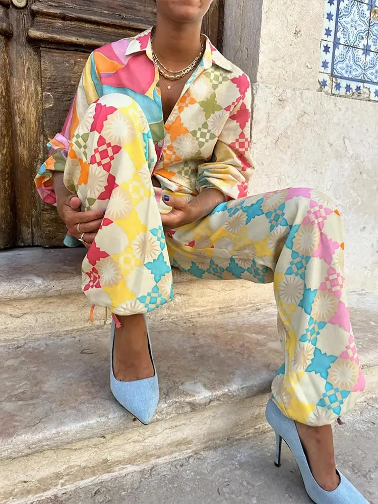 Fashion Female Lapel V Neck Single Breasted Shirt Set Chic Colorful Printed Full Sleeve Casual Pants Suits 2025 New Beach Outfit