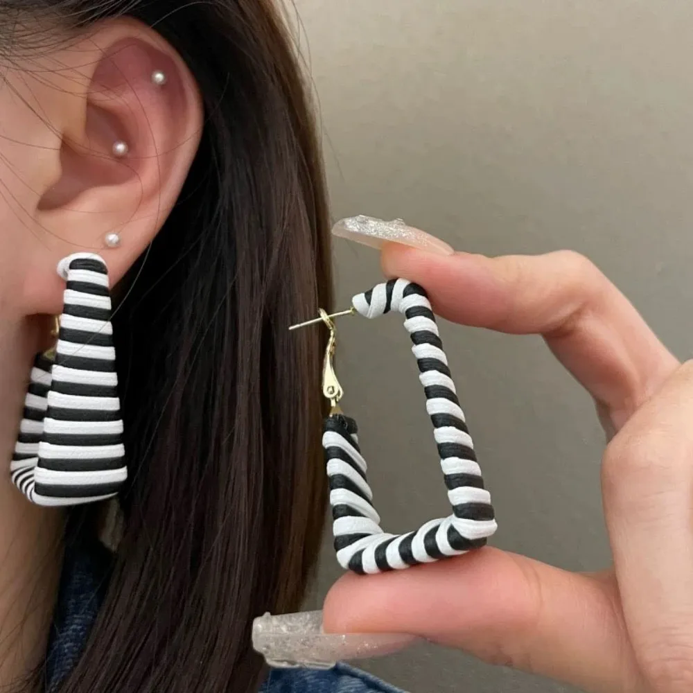 Black & White Striped Triangle Hoop Earrings, Hand-Wrapped Raffia Geometric Dangle Earrings, Statement Summer Jewelry for Women