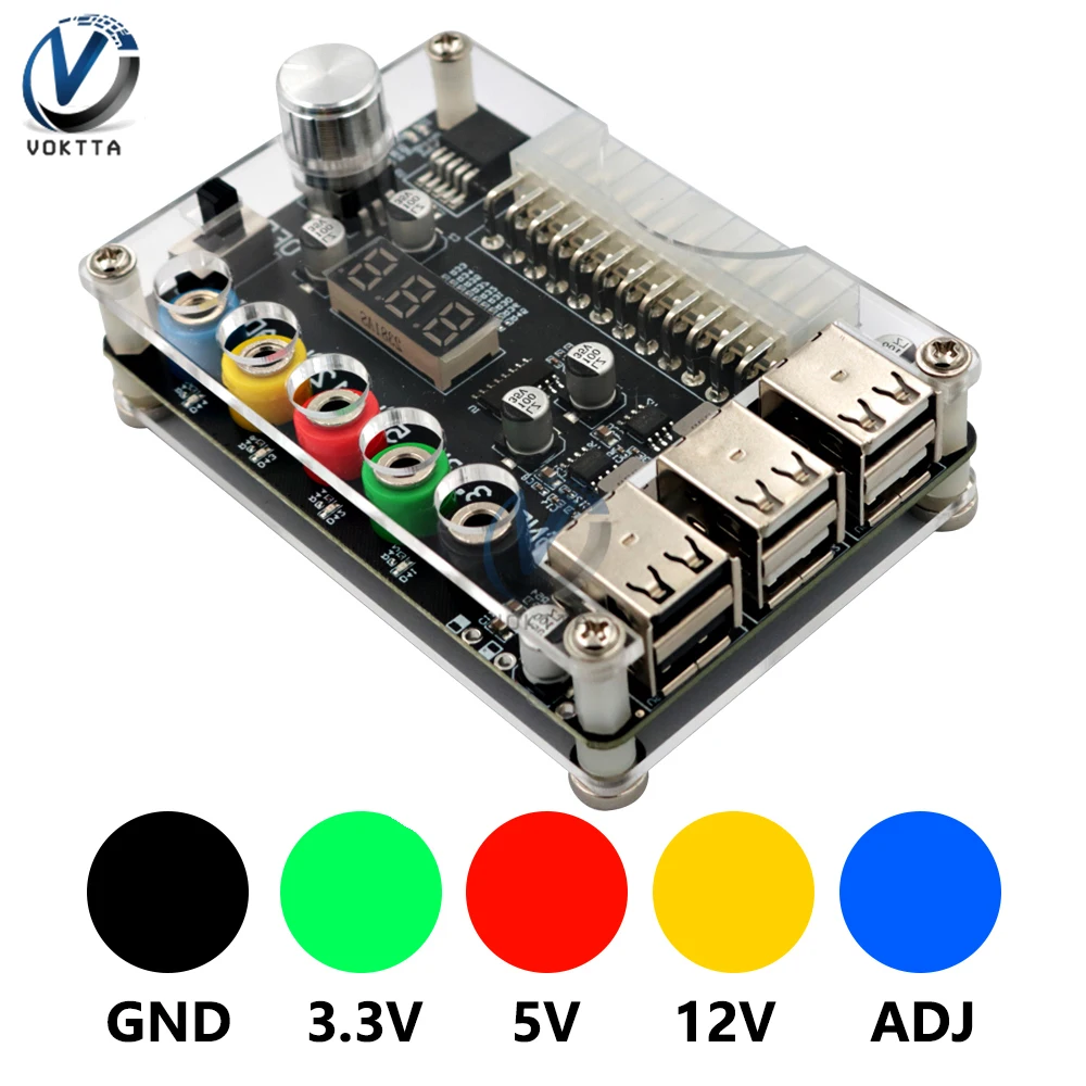 Placa de conexión de fuente de alimentación ATX, Módulo adaptador de fuente de alimentación USB 2,0 de 24 Pines, placa de transferencia de potencia de voltaje ajustable