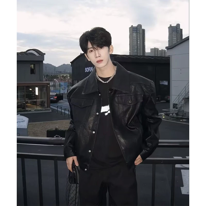 

Bla oulder Pad Leather Jaet Men's Spring Autumn High Street ort PU Leather Jaet Sli Biker Clothes for Teens