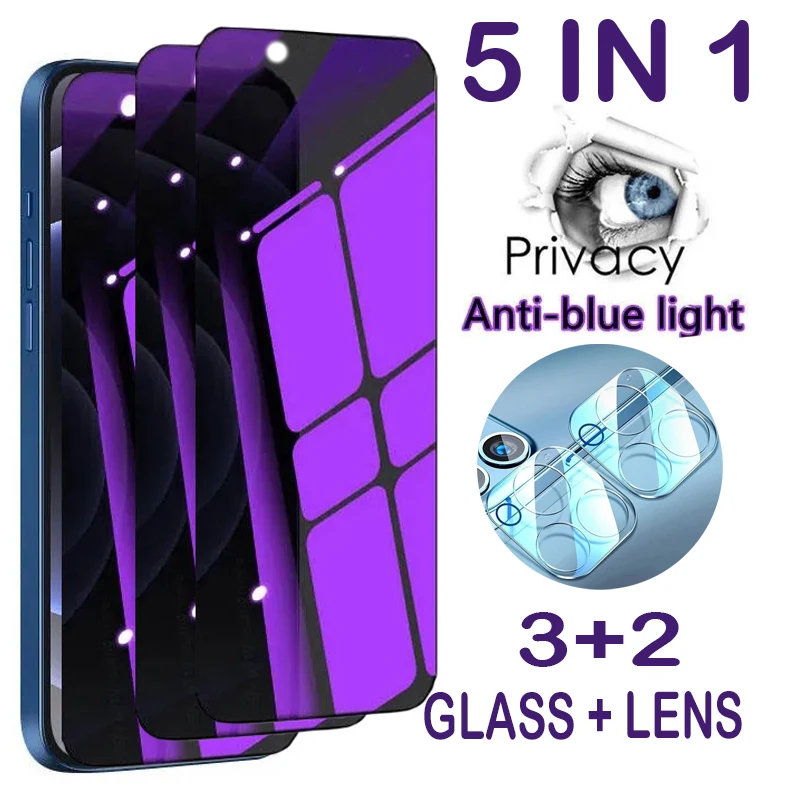 5in1 [3pcs Anti-peeping Glass +2pcs Lens] Privacy Screen Protectors For iPhone 15 14 13 12 11 Pro Max Plus Camera Tempered Film