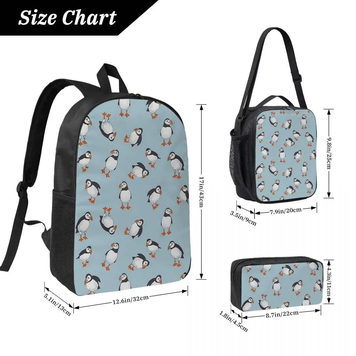 Perfectly Perfect Puffins Backpack Boys Girls BookBag School Bag Computer Shoulder Bags 3ps Insulated Lunch Bag Pencil Case