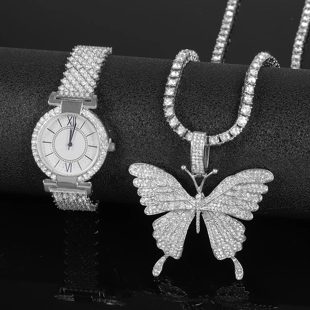 Conjunto de reloj elegante para mujer, reloj de diamantes con incrustaciones Punk de Hip-hop y collar con colgante de mariposa, cadena de tenis de plata, regalo de joyería de lujo