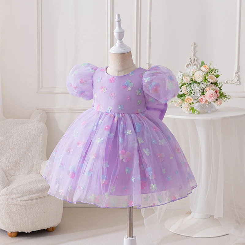 Children's Solid Color Tutu Printed Decoration Round Neck Short Sleeve Princess Dress Halloween Dress Up