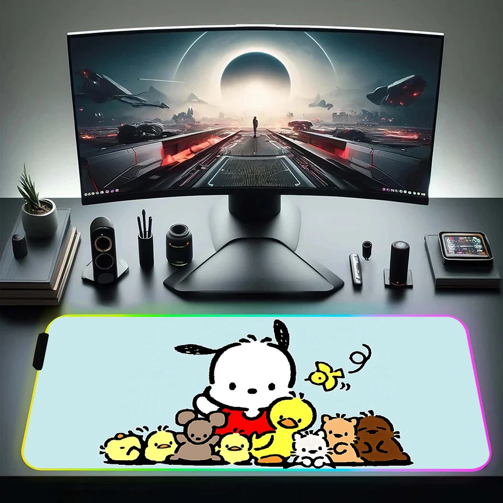 Cartoon Cute Pochacco RGB Pc Gamer Keyboard Mouse Pad Mousepad LED Glowing Mouse Mats Rubber Gaming Computer Mausepad