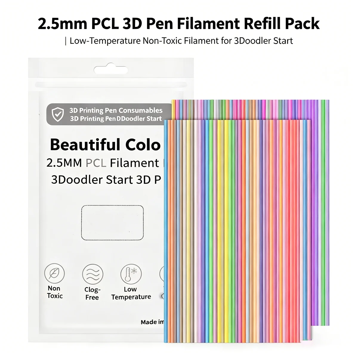 2.5mm PCL Filament Strands for 3Doodler Start Plus 3D Pen Refills Low Temperature Non Toxic Multi Color Printing Wire Kit
