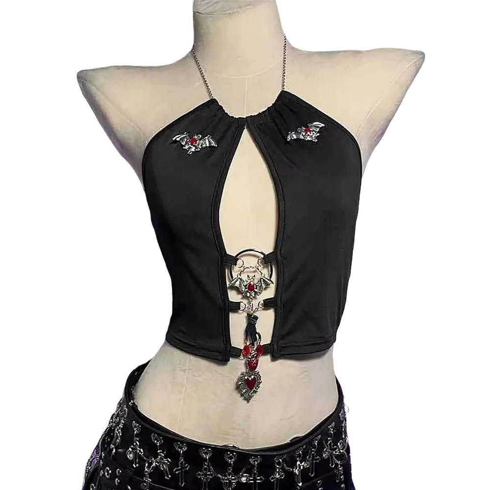 Damen Y2K Gothic Cross Crop Top Emo Grunge Punk Tank Egirl 90er Jahre Stil Alternative Schwarzes Stoff-Top Sexy Goth ALT T-Shirt Party-Outfit