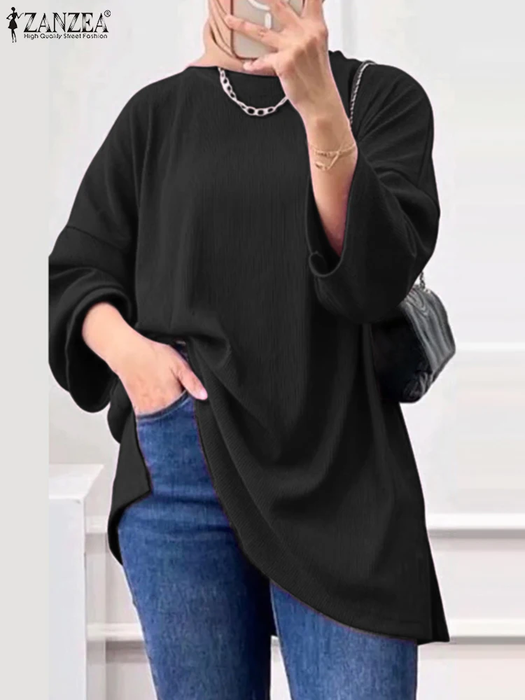 

Elegant O Neck Long Sleeve Loose Casual Shirt Fashion Solid Abaya Ramadan Turkey Tops Blusas ZANZEA Oversize Women Muslim Blouse