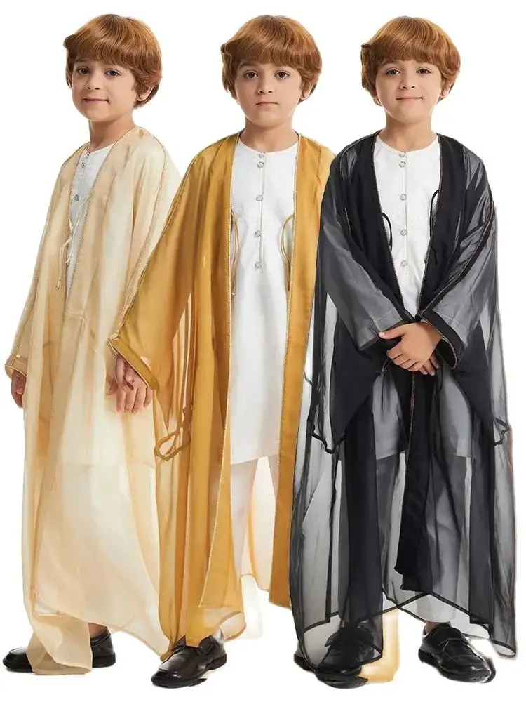 Abaya Ramadan untuk anak laki-laki pakaian doa Kebaya terbuka Muslim Kimono Abaya Turki Islam Arab dwilluotomatis jubah Muslim pria Hombre