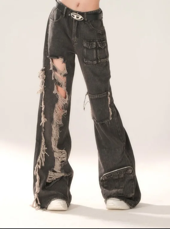 

Women's Trousers Spring Summer Ripped Multi-Pocket Cargo Jeans Trendy Brand High-Waisted Mop Trousers Street Retro Casual Pants