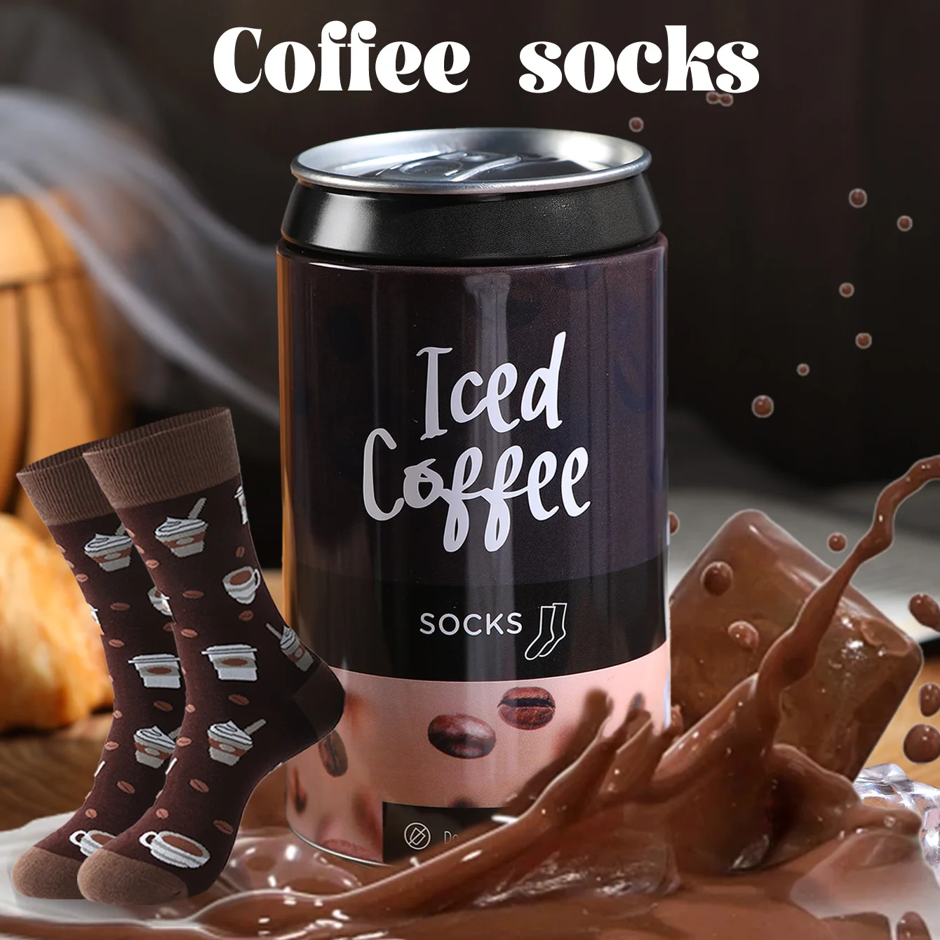 1 Pair of Unisex Mid-Calf Socks, Novelty and Fun Coffee Can Gift Box Socks, Creative Socks, Fashionable Style, Comfortable and Breathable, Suitable for Parties, Casual Wear, Valentine's Day, Halloween, Birthdays, Christmas, New Year, Thanksgiving, Autumn and Winter, All-Season Styles, Creative Gift Box