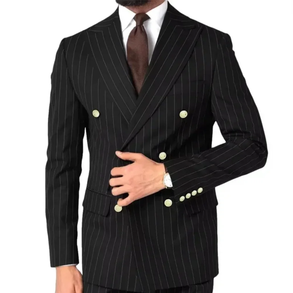 

Fashion Black Stripe Men Suit Casual Party Classic Double Breasted Jacket Evening Dinner Elegant Blazer Pants Outfits