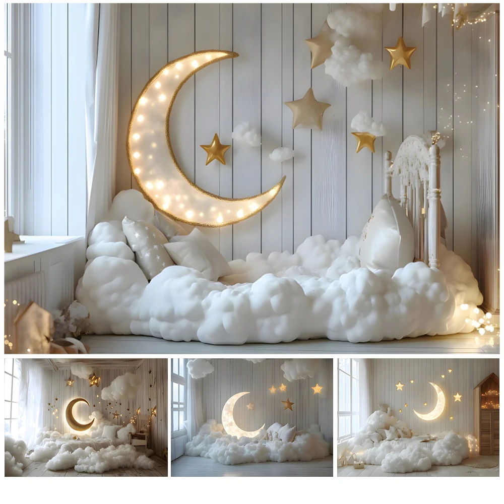 

White Cloud Moon Stars Baby Shower Photography Backdrop Newborn Kids 1st Birthday Party Background Decor Cake Smash Photo Studio