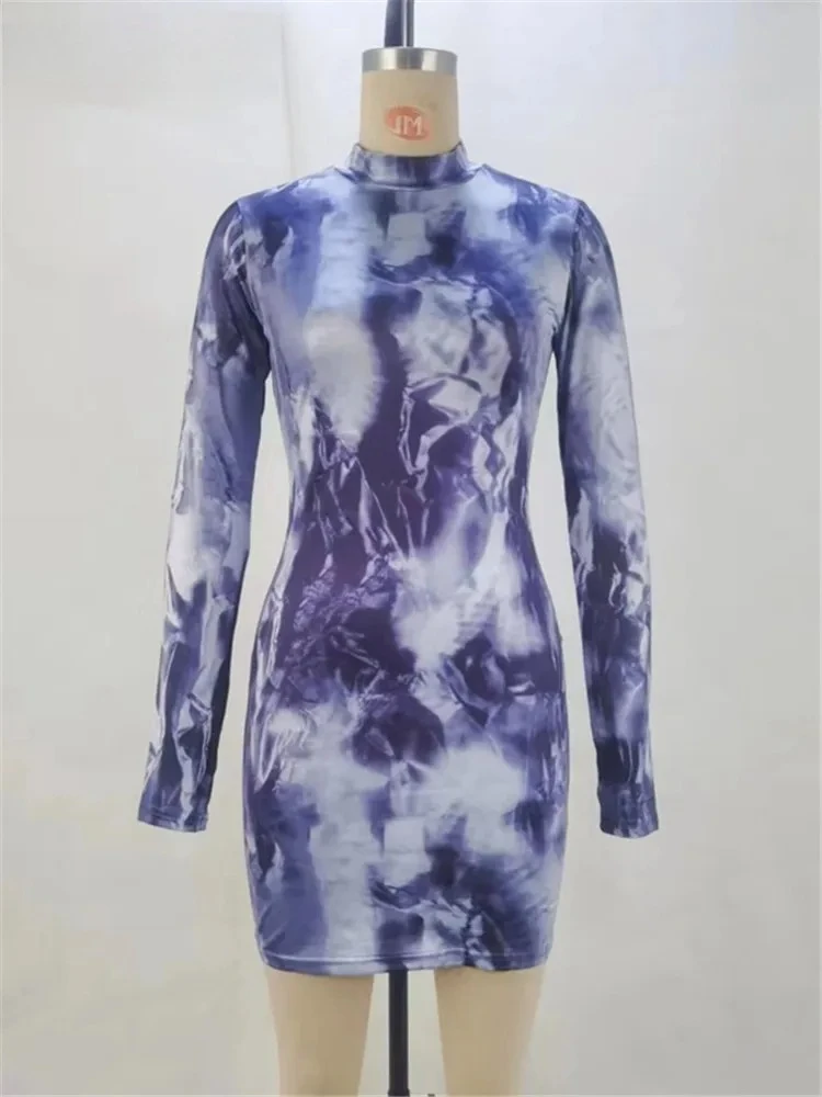 

Новинка Весна 2026: Женское облегающее мини-платье-футляр синего цвета с принтом тай-дай, с длинным рукавом, воротником-стойкой, модное, современное, сексуальное.