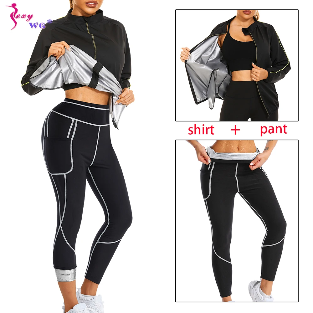 SEXYWG Women Sauna Suit Sweat Set Weight Loss Top Pants Slimming Jacket Trousers Workout Leggings Shirt Body Shaper Fat Burner