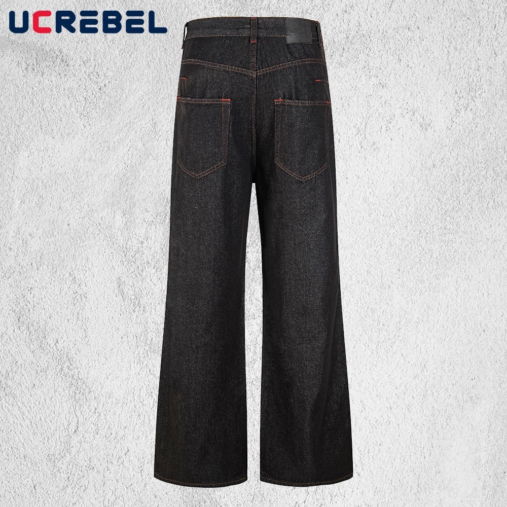 Button Decoration Bootcut Jeans Mens Topstitch Retro High Street Baggy Straight Dark Denim Pants Man