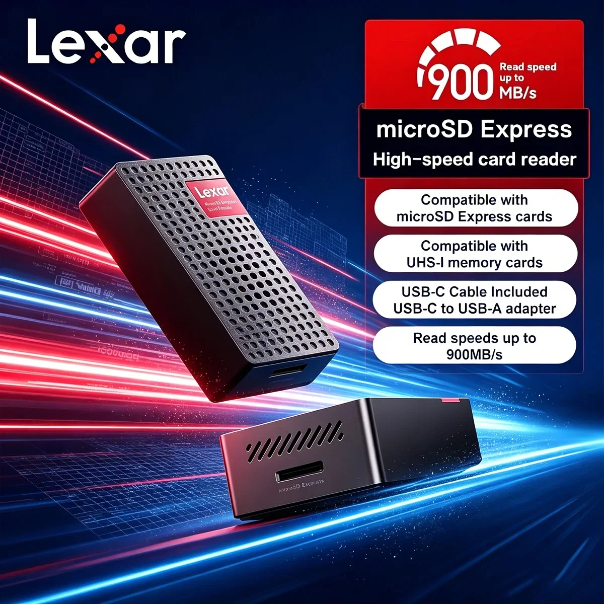 Original Lexar MicroSD Card Reader microSDXC Express Card Reader PLAY PRO USB 3.2 Type-C and Type-A DATA Cable Max 900Mb/s