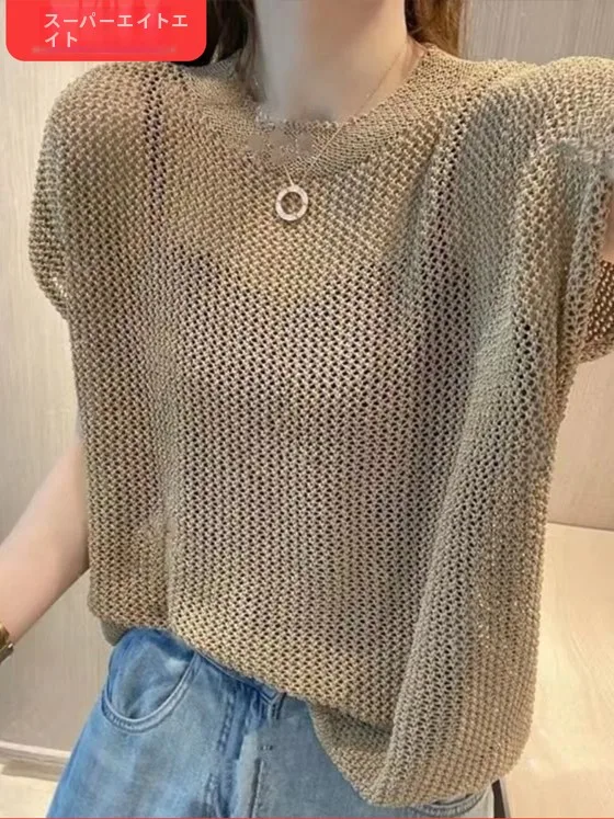 Slimming Fit Summer Knitwear round Neck Hollow out Ice Silk Simulation Lazy Style Casual Top for Women Short Sleeve T-Shirt