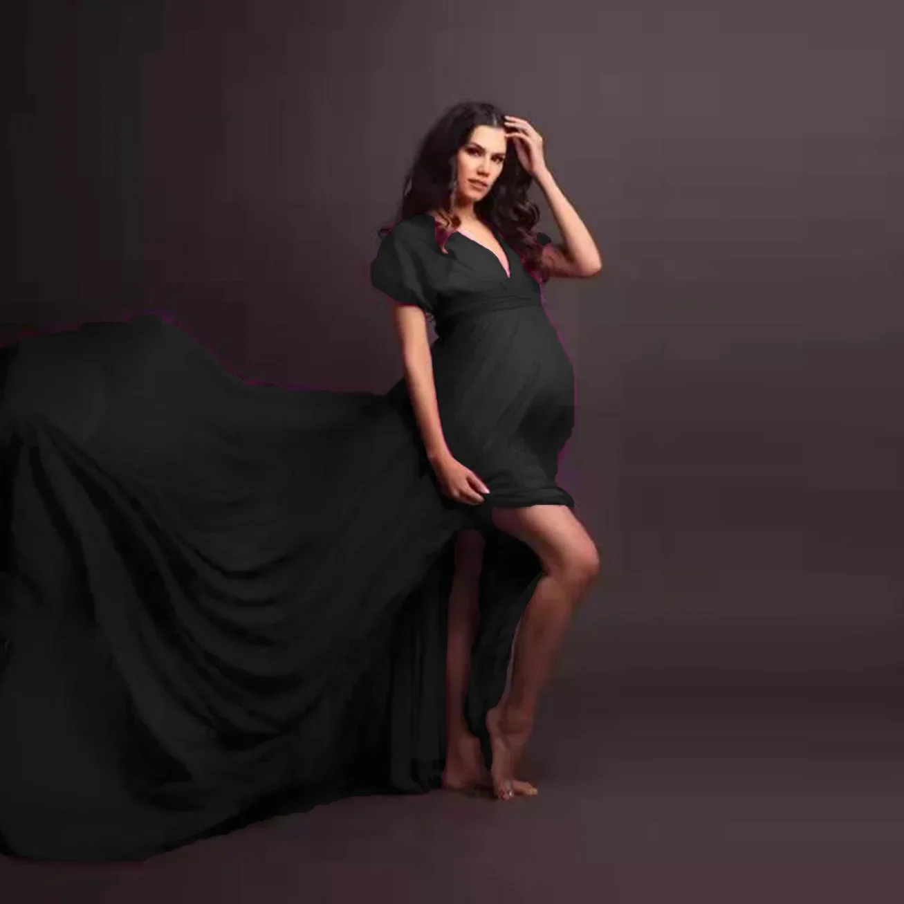 Women Maternity Short Sleeve Flowy Chiffon Gown V Neck Elegant Fit Long Maxi Photography Baby Shower Dress for Photo Shoot Prop