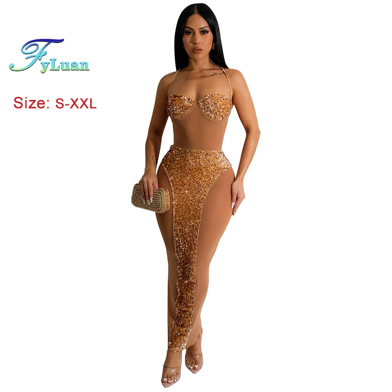 ฤดูร้อน Rhinestone ตกแต่ง SHEER ตาข่ายผู้หญิงแขวนคอกระโปรงเซ็กซี่ Slim ดูผ่านยาว One- Piece Clubwear ชุดชุดวันเกิด