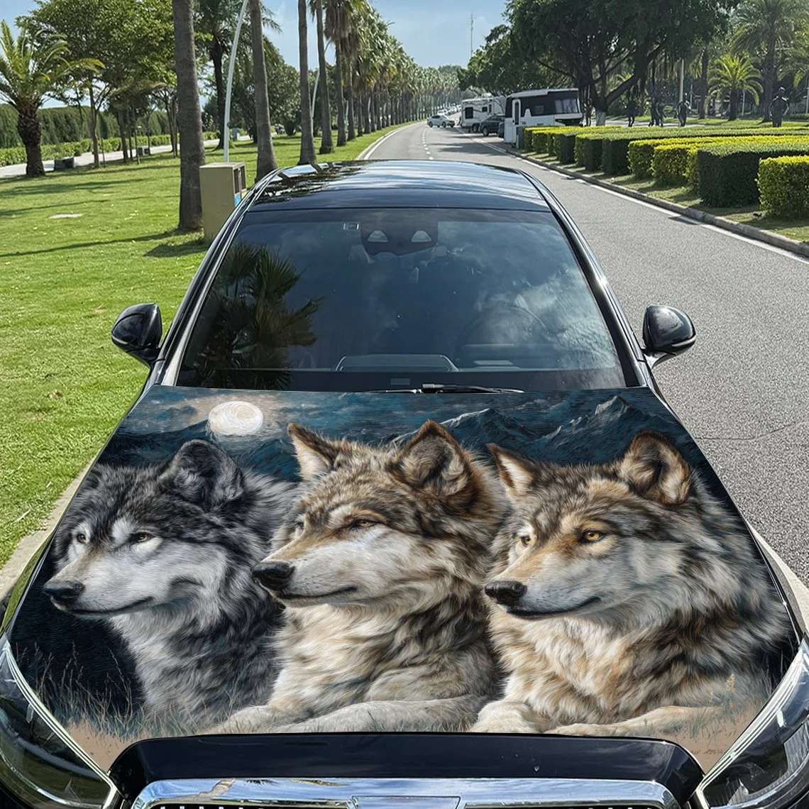 Car hood cover featuring three wolves under a moonlit sky, perfect for nature and wildlife enthusiasts.
