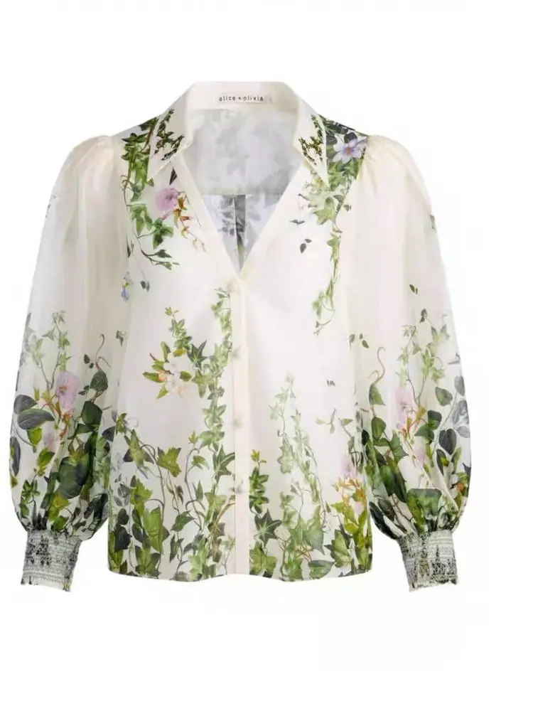 AOオリジナル ファイオン 春夏 エン プリント シルク混紡 Vネック ランタン袖 ターンダウンカラー イルト レディース トップス