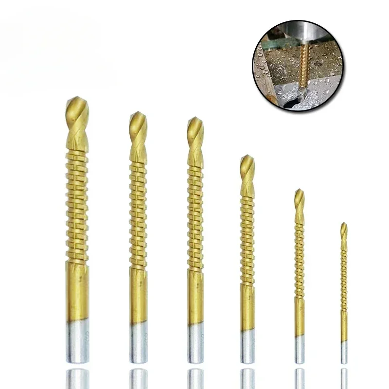 6pcs Saw-drill Integrated High-speed Steel Round Handle Titanium-plated Woodworking Serrated Twist Drill Set