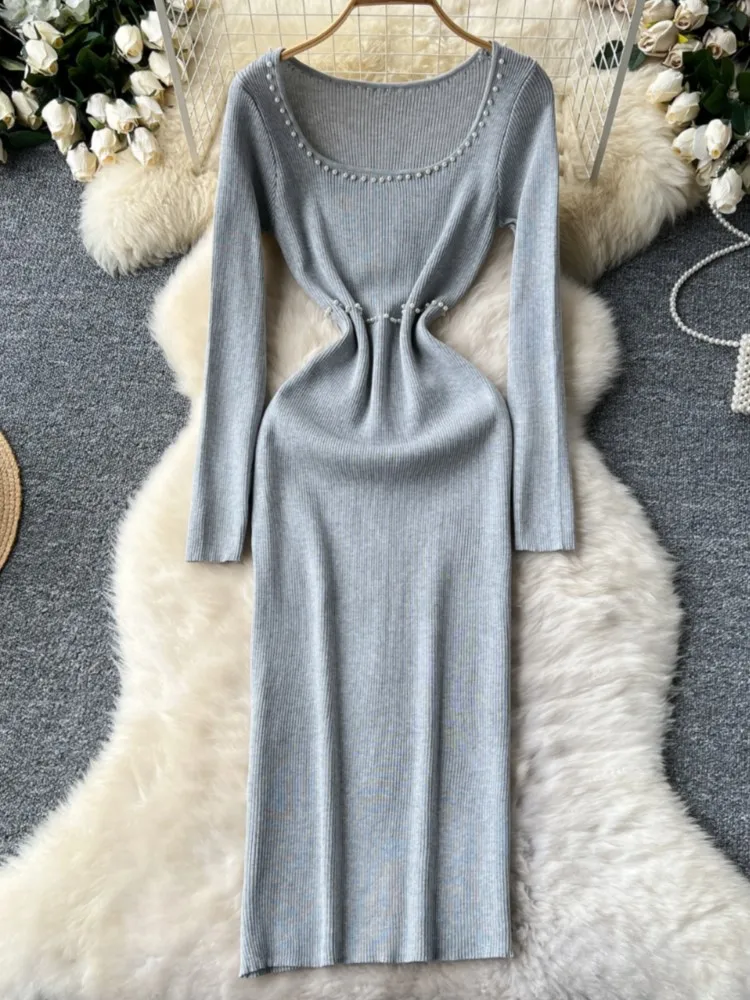 Sexy Vrouwen Bodycon Casual Effen Slanke Lange Jurk Elegante Vierkante Kraag Geborduurde Fakkels Feest Prom Slanke Jurken Vrouwelijke Kleding