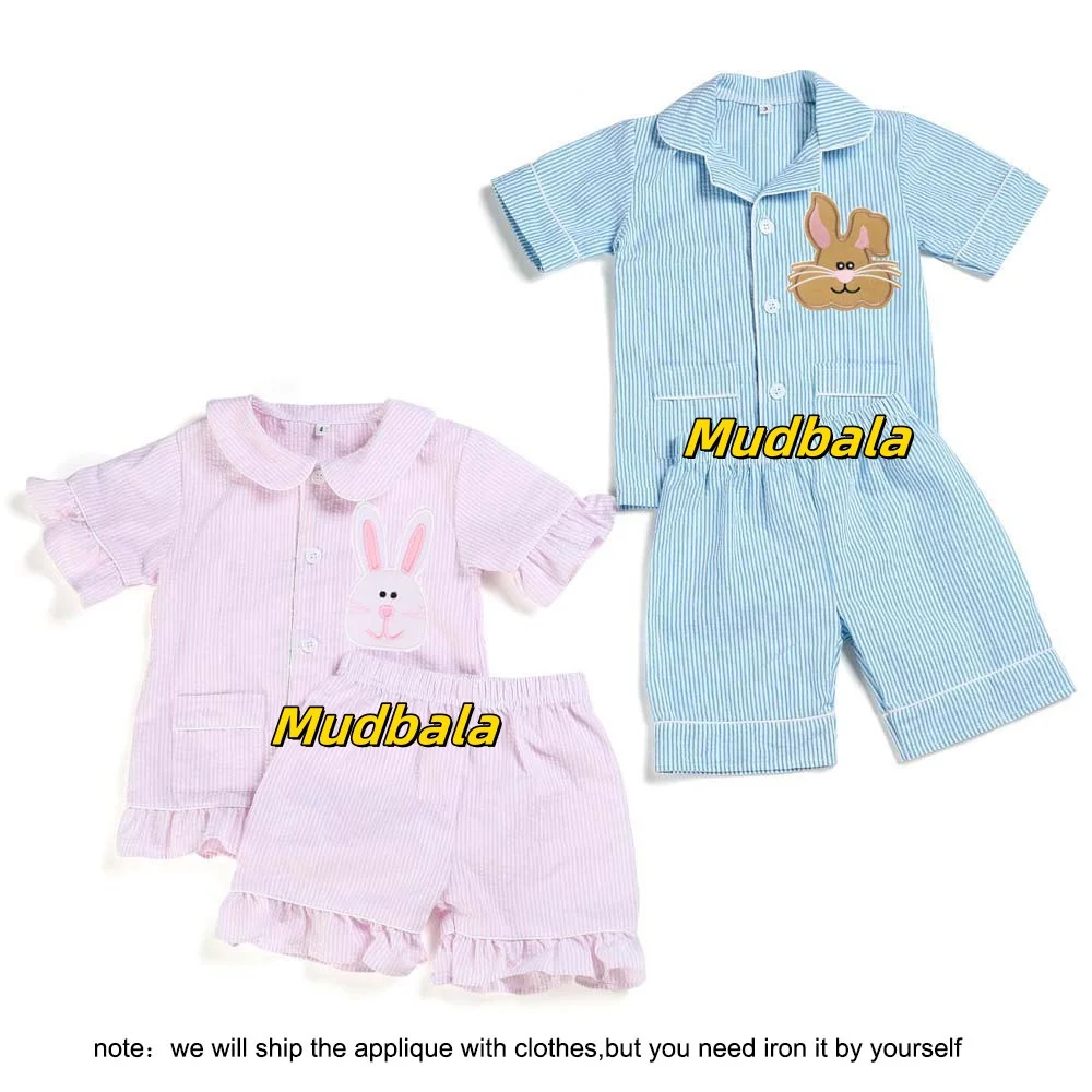 Mudbala Summer Seerscuker Stripe Short sleeve Infant Baby Kids Girls Frill Pajamas Set Matching Easter Bunny Boys Pyjamas