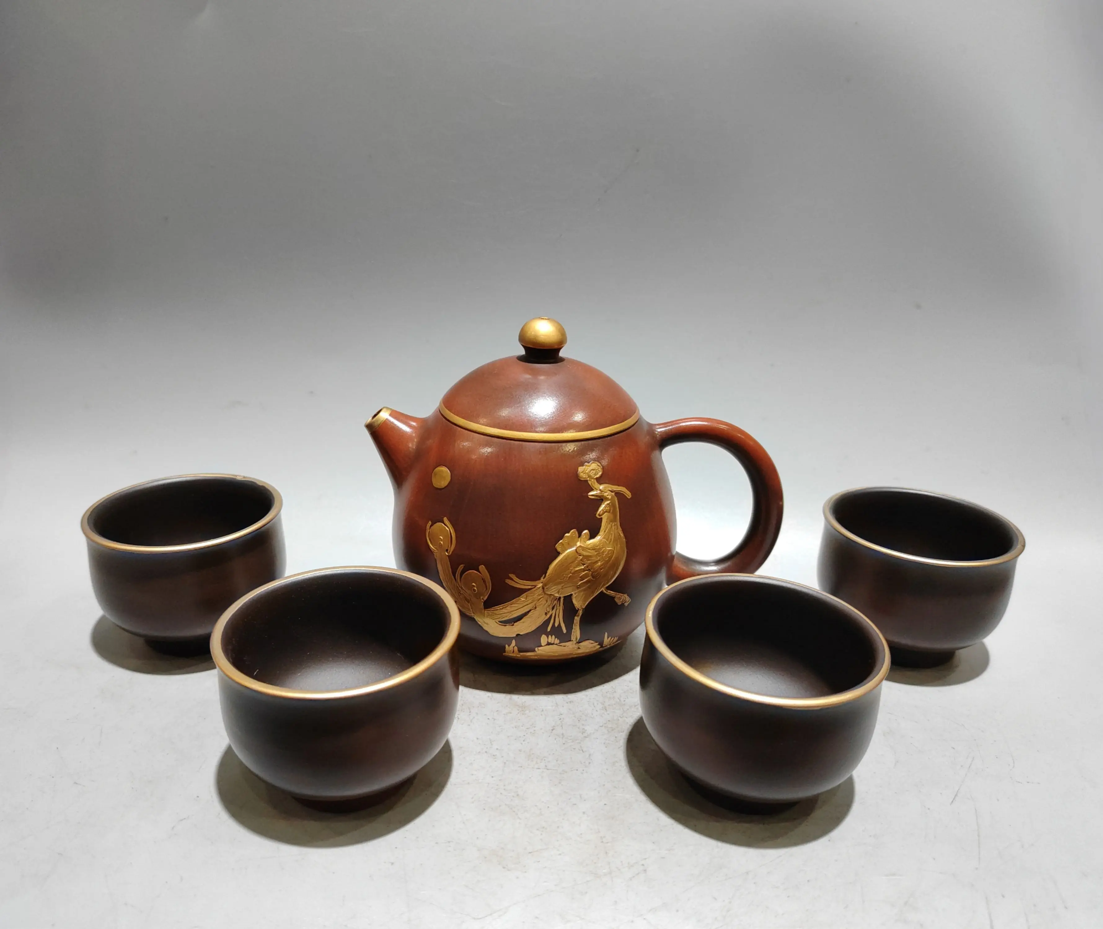 Yixing Teapot Purple Clay Pot Outline in gold Phoenix pattern Egg shaped teapot 4 tea cups a set Kettle Tea Tasting Tea Ceremony