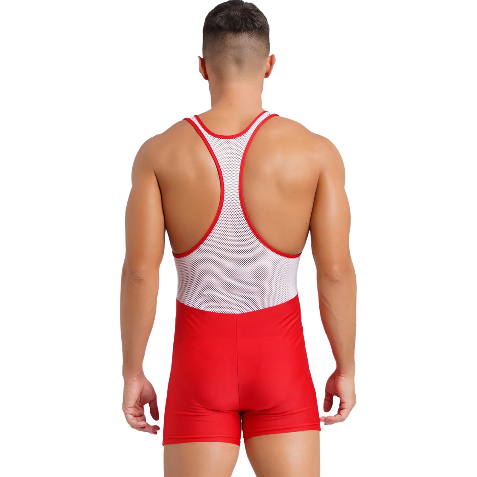 Men Sport Jumpsuit Front Zipper Hollow Out Mesh Patchwork Singlet Swimsuit Sleeveless Quick Drying Bodysuit for Swimming Workout