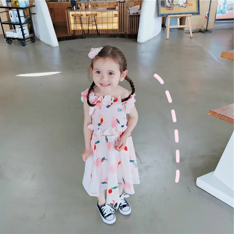 Girls' outfit: crinkled peach top and skirt26New summer children's clothing wholesale3-8Years Old
