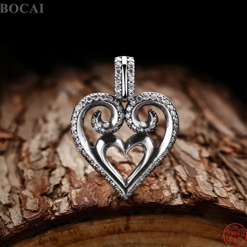 BOCAI New S925 Sterling Silver Charms Pendant for Men Women Antique Love Heart Micro Inlaid Zircon Punk Fine Choice Jewelry