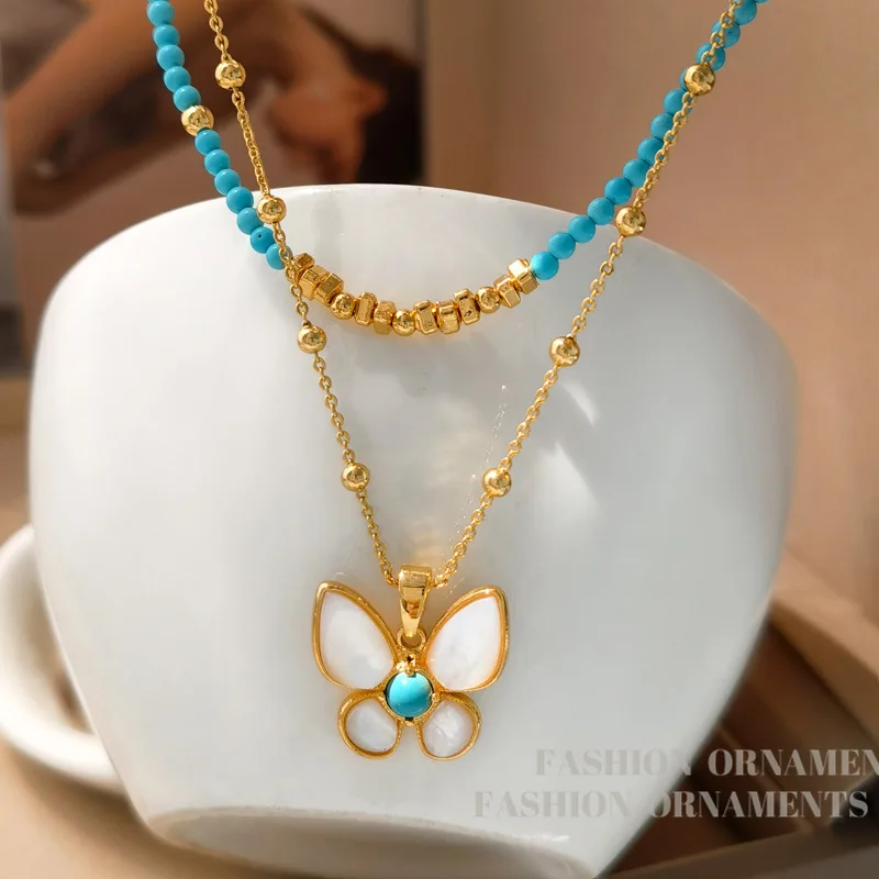 

High-end Niche Natural Stone Beaded Necklace for Women, Light Luxury Fashion White Shell Butterfly Necklace Blue Clavicle Chain