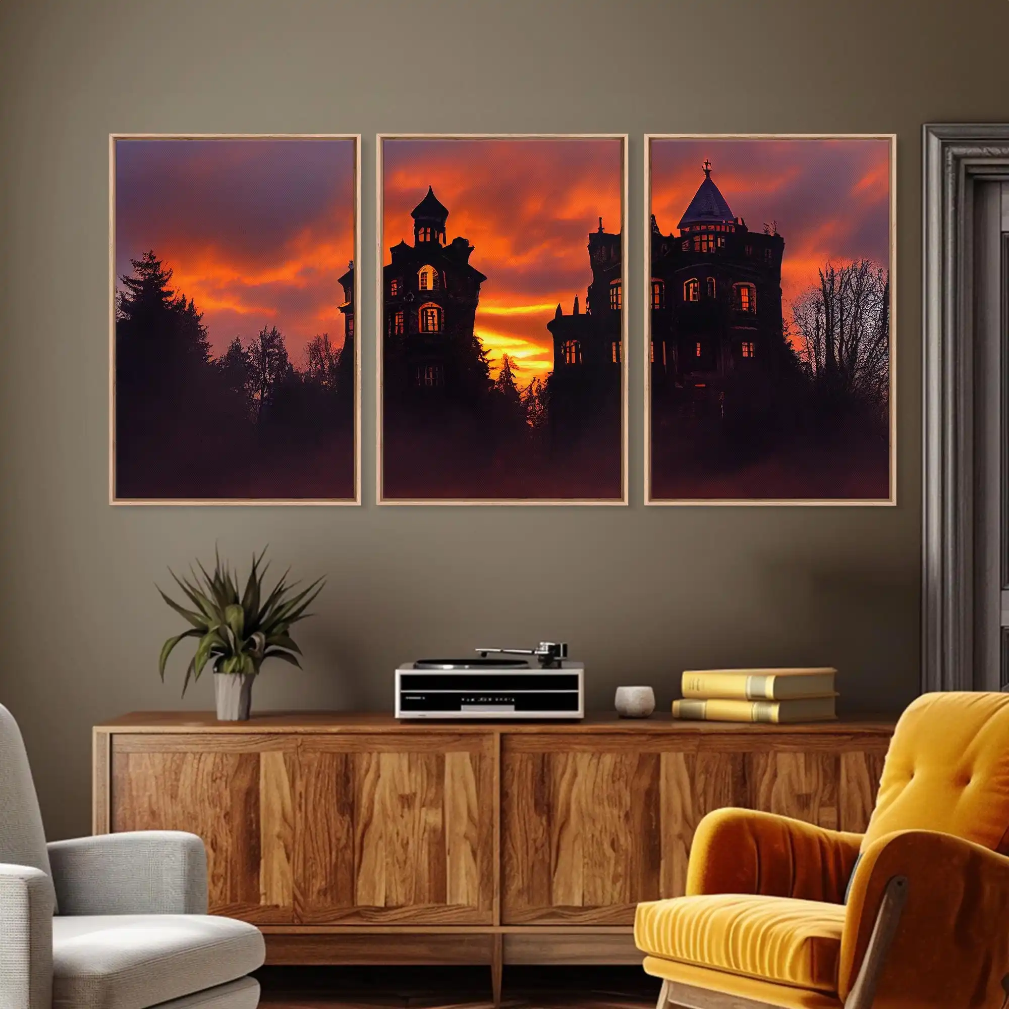 3pcs frameless Canvas Painting Set of 3 Gothic Castle Sunset Silhouette Canvas Printing Art Posters, Dark Vintage Forest Manor O