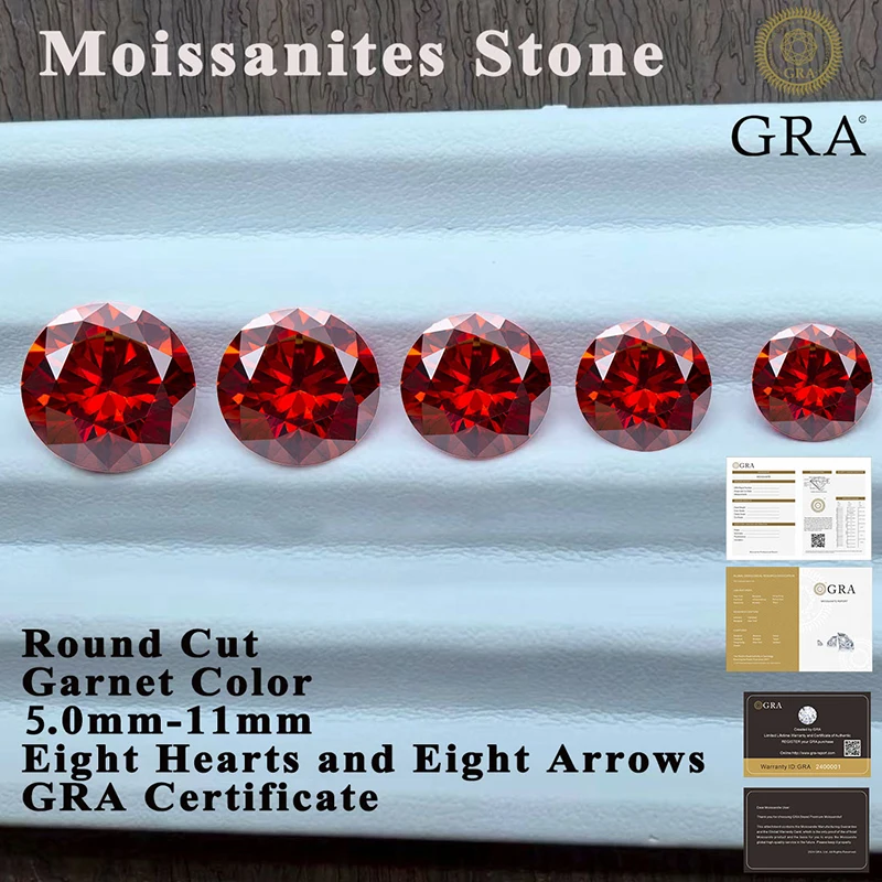 Moissanite Stone Gemstone Round Cut Garnet Color VVS1 for Jewelry Making Main Materials Passed Diamond Tester Certificate