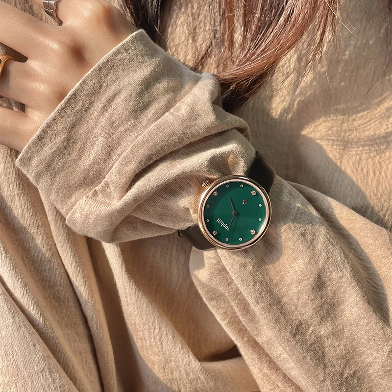 TOPHILL Clear watch Quartz for woman Green face Fashion watches Silky fabric strap 3ATM Sapphire Glass Gift